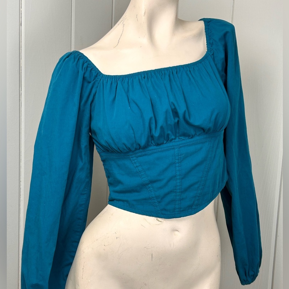 Japna Teal Crop Top Long Sleeve Cottagecore Peasant Blouse Boho Small milkmaid